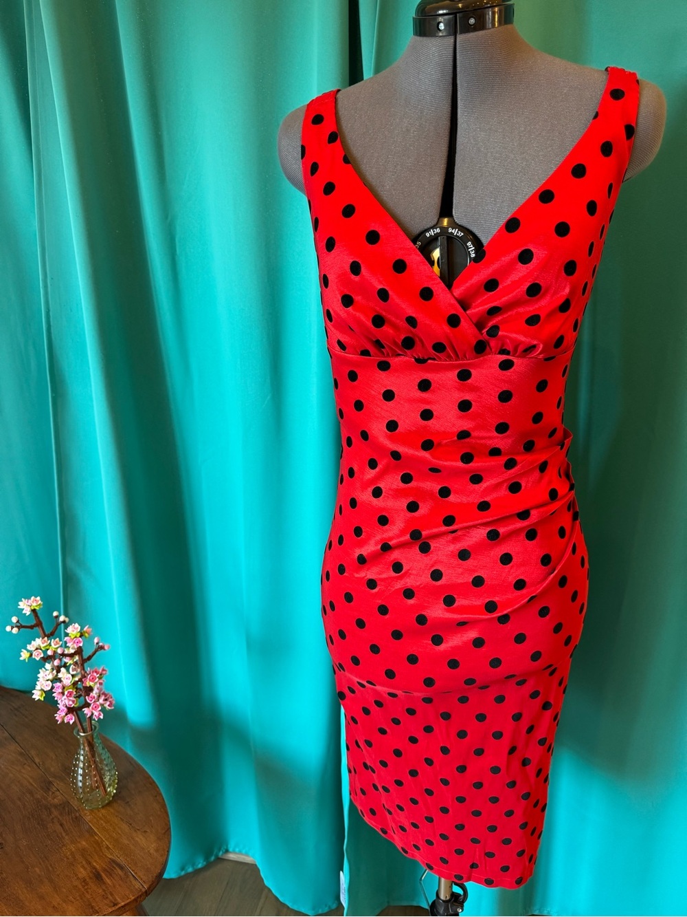 Voodoo Vixen Red Satin Black Velvet Polka Dot Wiggle Dress L